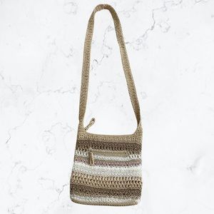 The Sak Tan Beige White Brown Pink Striped Crochet Knit Crossbody Purse Bag